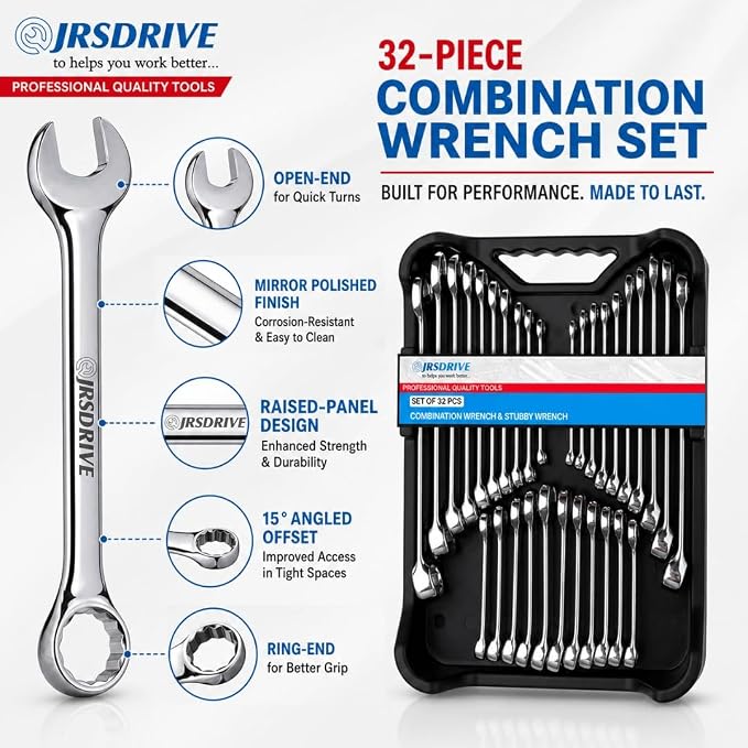 32-Piece SAE & Metric Combination Wrench Set – Standard & Stubby Wrenches, Chrome Vanadium Steel, 12-Point Box End, Mirror Chrome Finish with Organizer Tray for Automotive & Home Repair