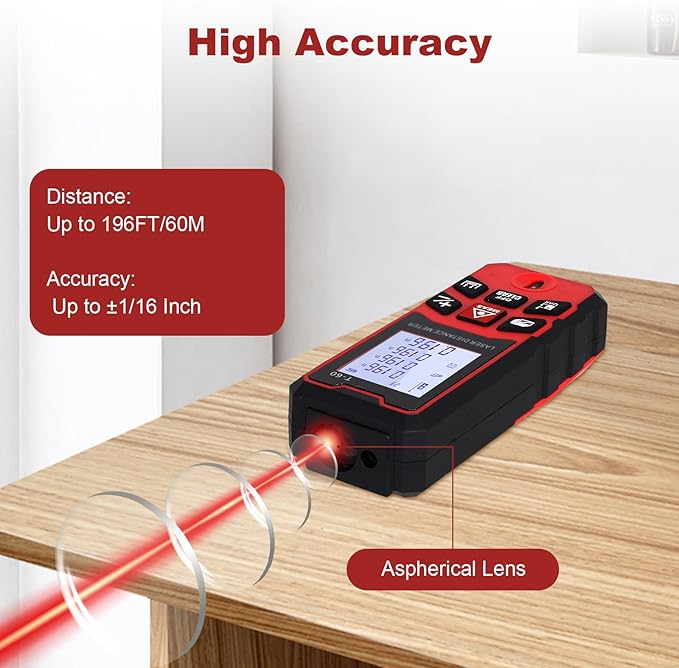196Ft/60M Laser Distance Meter, ±1/16 Inch High Accuracy Laser Measurement Tool with Backlit LCD Display, Pythagorean/Area/Volume Calculation Mode, M/in/Ft Units, Bubble Level, Durable Design