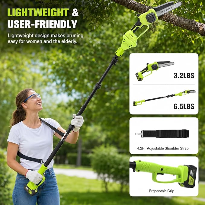 TNELTUEB 4-In-1 Cordless Pole Saw & Mini Chainsaw, 6"&8" Pole Saws For Tree Trimming with 15.6ft Extendable Pole, 180° Adjustable Angle, 1000W Brushless Motor, Electric Chainsaw with 2×4.0Ah Batteries