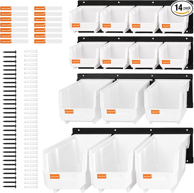 14pc Wall-Mounted Organizer V1 V2 V3 Master Combo Set White | Heavy duty metal rails multi-size bins master set for garage screws, tools, batteries & wrenches.