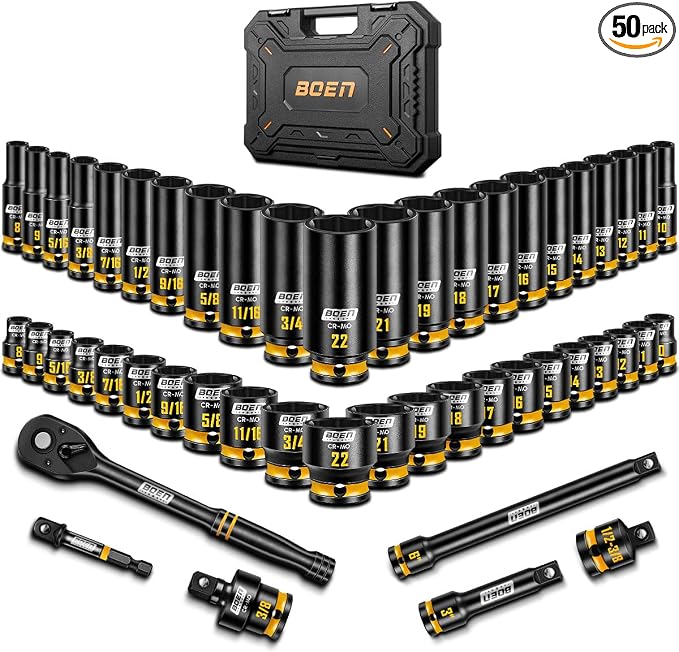 boen 3/8'' Drive Impact Socket Set, 50PCS Standard SAE (5/16 to 3/4 inch) and Metric (8mm-22mm), Deep & Shallow Size, 6-Point with Yellow Embossed Marking, CR-MO