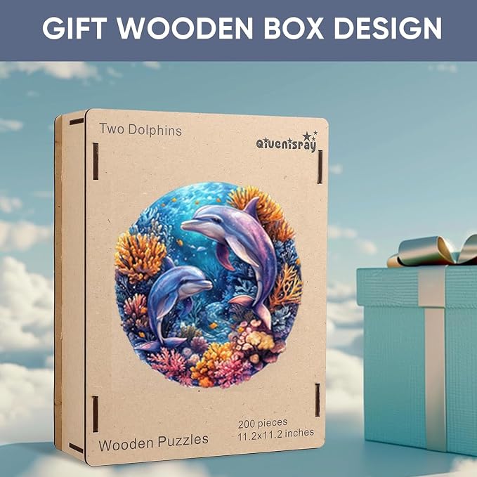 Qiuenisray Wooden Puzzles for Adults, Dolphins Jigsaw Puzzles 200 Pieces, FSC Certified Unique Shape Ocean Adult Puzzles, Irregular Wood Creative Gift for Family Game 11.2 x 11.2 in