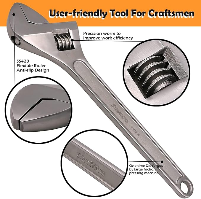 WEDO 2PCS Adjustable Wrench Set 8",10",Stainless Steel | Wide Jaw Spanner,Professional Spanner,Precision Jaws,Corrosion Resistant,For Automotive,Home and Plumbing Repairs