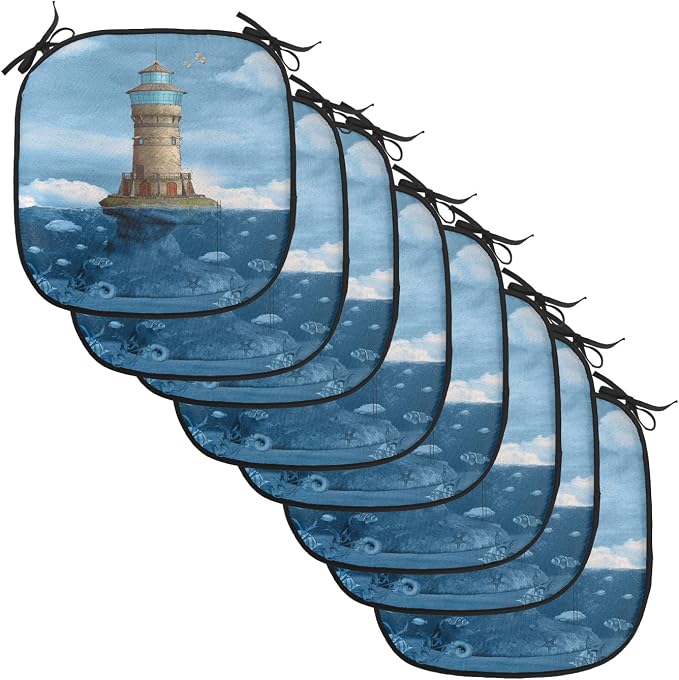Lunarable Lighthouse Chair Cushion Pads Set of 8, Lighthouse Seagulls Birds Architecture Maritime Reef Fish Undersea Scenic View, Anti-Slip Seat Padding for Kitchen & Patio, 16"x16", Blue Brown