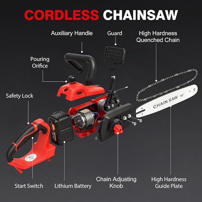 16" Cordless Chainsaw 42V Brushless Electric Chainsaw, 2 x 3.0Ah Batteries Powered Handheld Chain Saw, Tool-Free Tension & Auto Oiling for Tree Pruning, Wood Cutting, Yard & Garden Outdoor Work