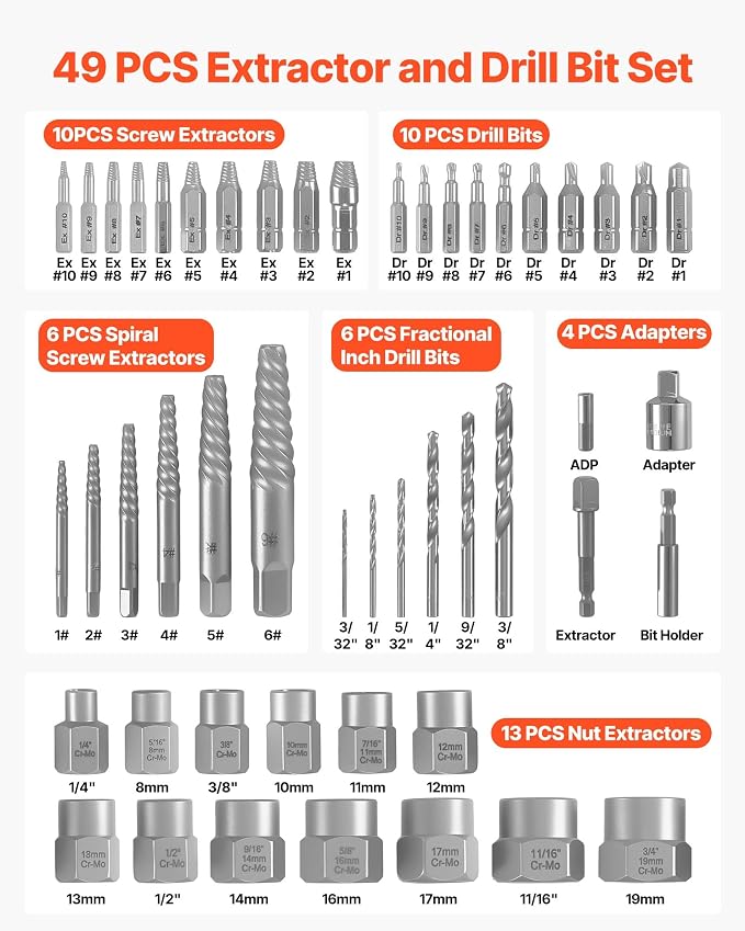 VEVOR 49-Piece Bolt Extractor Kit and Easy Out Screw Extractor Set, Lug Nut Removal Tool with Drill Bit Set for Removing Damaged, Frozen, Broken, Rusted, Rounded-Off Bolts, Nuts & Screws, Adapters