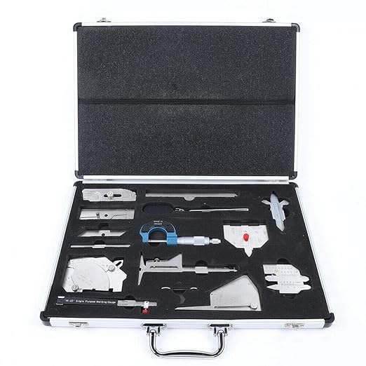 13 Pcs Welding Gauge Tool Kit Gage Weld Inspection Gauge with Easy Carry Suitcase, Stainless Steel Gage Weld Measuring Tools Box with 0-150mm Ruler, Fillet Welding Gauge, Micrometer, Inspection Mirror