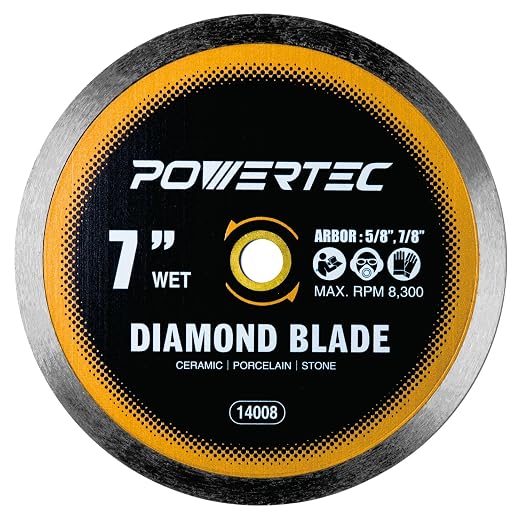POWERTEC 7" Continuous Rim Diamond Saw Blade for Wet Tile Saw, Diamond Blade for Cutting Ceramic, Porcelain, Natural Stone Tile, Wet Cutting Only 7 inch Diamond Blades, 1 Pack (14008)