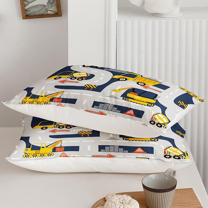 Axolotl Cartoon Excavator Bedding Set King,Tractor Truck Boys Comforter,3 Piece Yellow Vehicles Truck Comforter Set,Construction Site Theme Decor for Kids Boys Teens,1 Quilt 2 Pillowcases