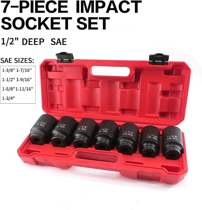 TONYNOL 1/2 Inch Drive Deep Impact Socket Set, 6-Point, SAE(1/2 Drive 1-3/8"to1-3/4"), 7 PCS, Cr-Mo, Heavy Duty Impact Socket Set, with a strong case | 6-Point,Cr-Mo Steel, Heavy Duty Impact Socket Set, with a strong case