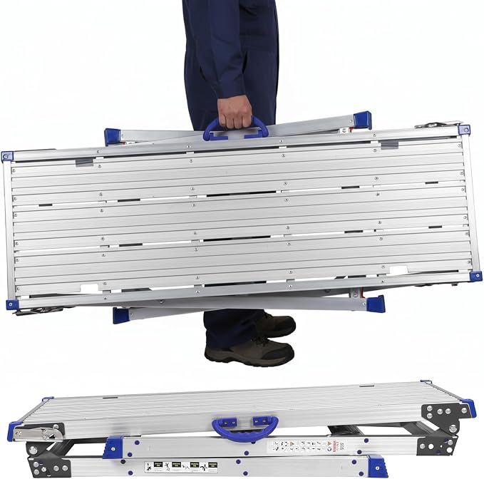 Heavy-Duty Adjustable Work Platform 330lbs Capacity - Ultra-Wide Portable Folding Aluminum Scaffolding Platform with Non-Slip Surface, Multi-Position Ladder for Construction & Maintenance