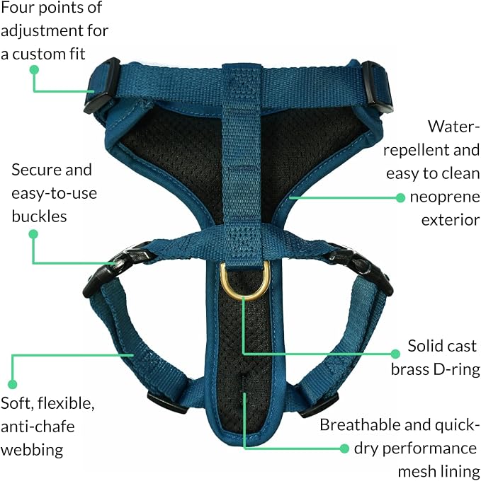 Adventure Dog Harness - Stylish and Durable Large Dog Harness for Outdoor Adventures and Everyday Wear - Indigo Blue Neoprene Adjustable Harness for Dogs with Reflective Piping & Brass D-Ring