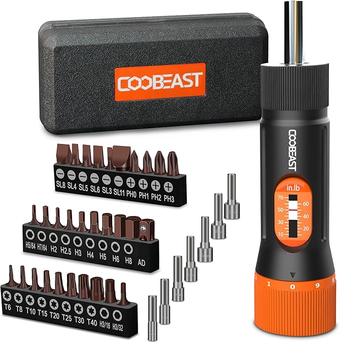 coobeast Torque Screwdriver 38Pcs, Gifts for Men Torque Wrench with Inch/Pounds Torque Range 10-70 In-lb, S2 Bits, Sockets and Storage Case for Maintenance, Tools, Bike Repairing and Mounting