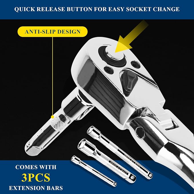 PRIDE&CRAFT 6-Piece Flex Head Ratchet Set, 1/4", 3/8", 1/2" Drive 72-Tooth Swivel Head Ratchet Wrench with Extension Bars, Quick Release Reversible Socket Wrench, EVA Organizer