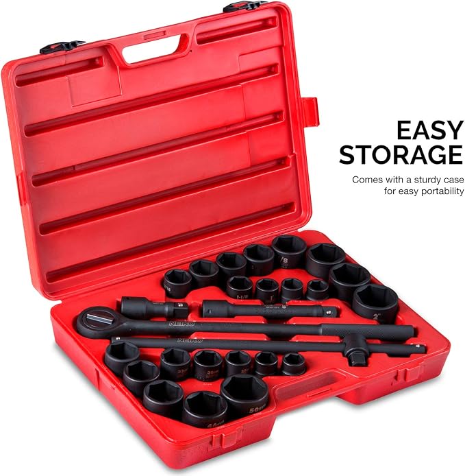 NEIKO 02499A 3/4-Inch-Drive Jumbo Master Impact Socket Set, SAE and Metric Shallow-Socket Tool Set, SAE 7/8" to 2" and Metric 26 to 38 mm, 27 Pieces