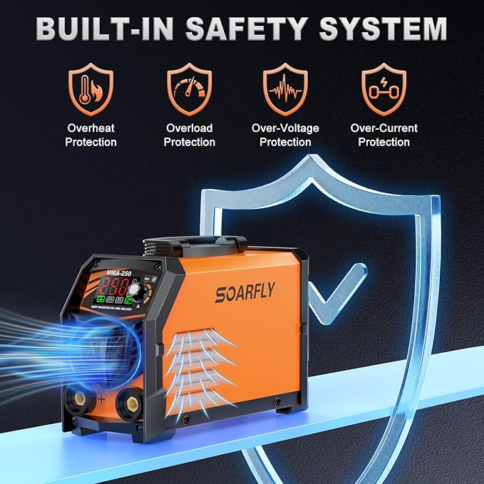 SOARFLY Stick Welder, 250Amp ARC Welding Machine with Large LED Display, Dual Voltage 110V/220V IGBT Inverter Portable Welder w/10 Rods, Ground Clamp, Electrode Clamp, Hot Start, Arc Force, Anti-Stick