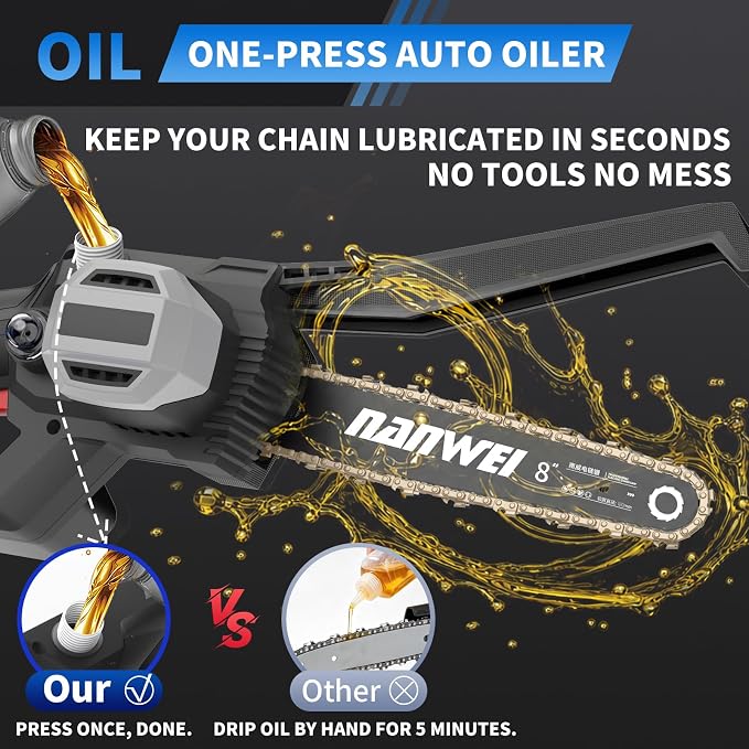 NANWEI 8 Inch Cordless Chainsaw for Tree Trimming & Wood Cutting, Lightweight Handheld Mini Chain Saw with 2 x 4.0Ah Batteries, Brushless Motor for Long Runtime & Low Noise