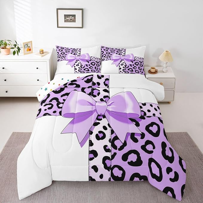 Feelyou Leopard Print Bedding Set Soft for Boys Girls, Purple Cheetah Bow Comforter Set Queen Size Animal Fur Duvet Quilt Microfiber Bedroom Decor 3 Pcs with 2 Pillow Cases