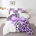 Feelyou Leopard Print Bedding Set Soft for Boys Girls, Purple Cheetah Bow Comforter Set Queen Size Animal Fur Duvet Quilt Microfiber Bedroom Decor 3 Pcs with 2 Pillow Cases