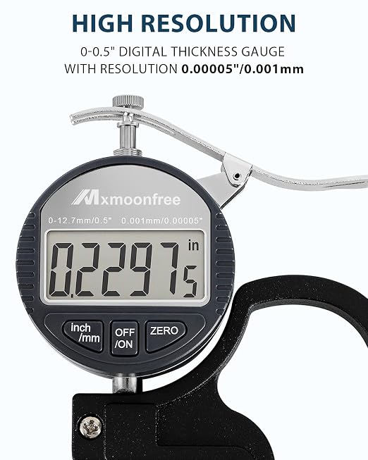 Digital Thickness Gauge 0-12.7mm/0.5inch 0.001mm High Resolution | Micrometer flat contact plates, 28mm throat depth, constant spring tension, unit conversion, storage case, battery included