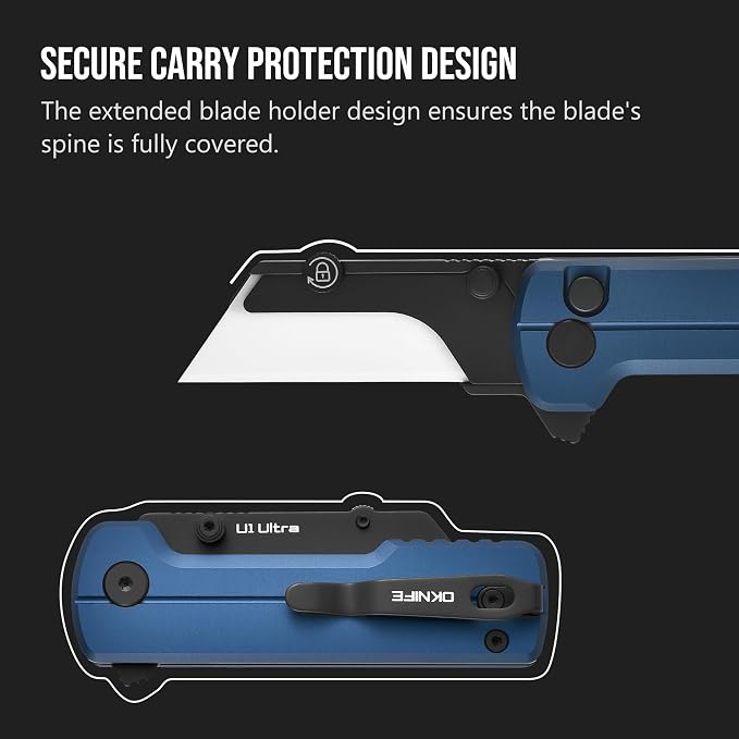OKNIFE U1 Ultra Pocket Folding Utility Knife with Ceramic Blade, Lightweight O-Aluminum Handle Box Cutter with Clip, Button Lock Pocket Knife for Men Women (Navy Blue)