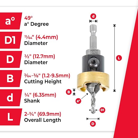 Amana Tool 82 Degree Countersink with Drill Bit Depth Stop and No-Thrust Ball Bearing, 55240, 1/2 D x 11/64 Drill D x 1/4 Inch Quick Release Hex Shank