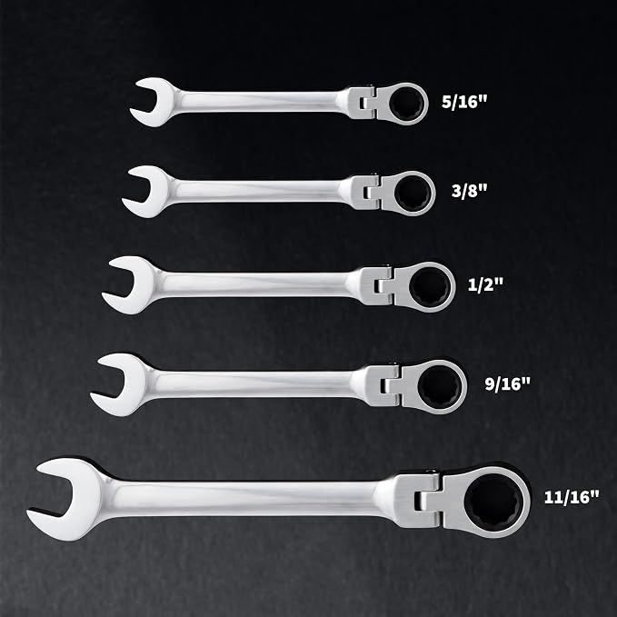 Garvee 5 Piece SAE Ratcheting Wrench Set Combination Ratcheting Wrench Set | 72-Tooth 5° Swing Arc 40Cr Steel, SAE 5/16" to 11/16" Coverage for Automotive Repair, Mechanical Maintenance & DIY Projects
