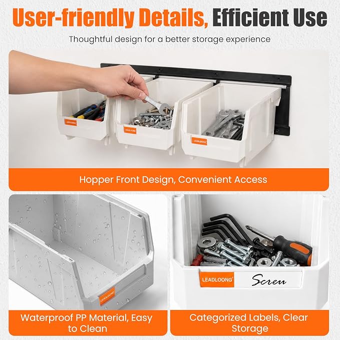 12pc Wall-Mounted Storage Organizer Set with Metal Rails White | Heavy duty tool organization box with metal rails. Ext 7"x5"x4" for garage screws nuts bolts.