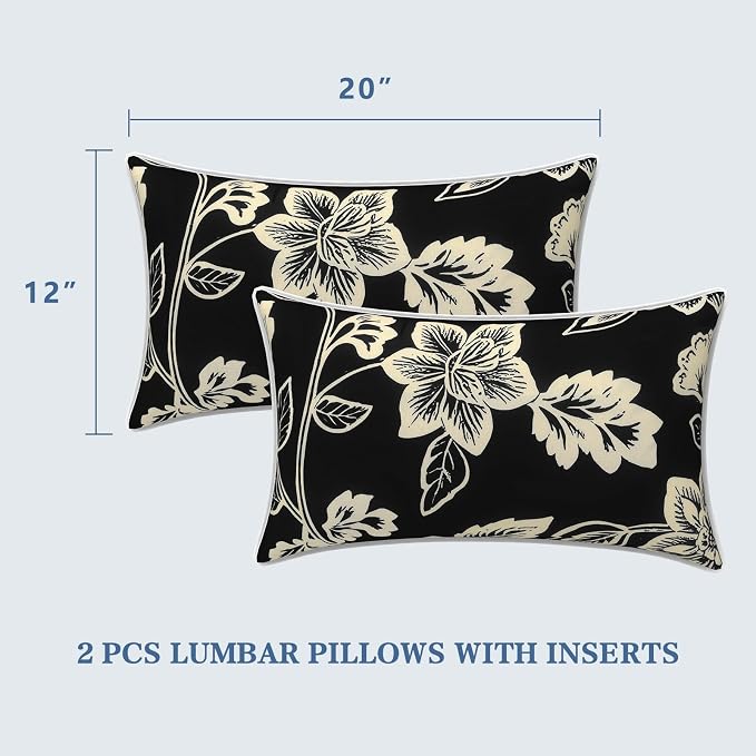 LVTXIII 2 Pack Outdoor Lumbar Pillows 12x20 Inch with White Piping, Fade Resistant Support Throw Pillows with Inserts for Patio Furniture, Sofa, Chair, Elegant Vines Black