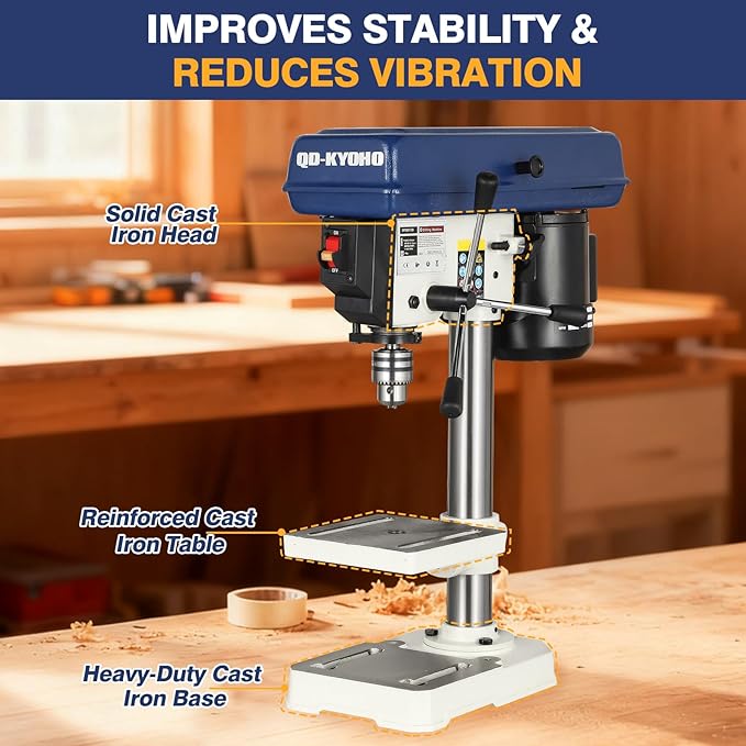 QK-KYOHO 8" Benchtop Drill Press - 3.1A Motor Drill Press Heavy-Duty Cast Iron Head - Bench Drill Press 5 Speed Adjustable (620-3100 RPM) - 0-45°Tilting&Height Adjustable Table Drill Presses