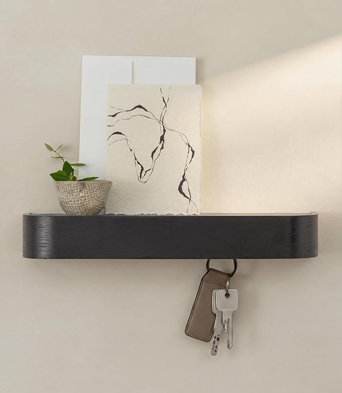 Kazai. Key Holder 'Toke' | Minimalist Key Hook Design from Berlin | Modern Key Holder Wall Mount with Wooden Shelf | Key Rack for Wall as Entryway Organizer | Oak, Black