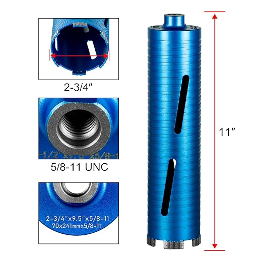 SALI Diamond Core Drill Bits 2 3/4" Diameter 10"/254mm Drilling Depth 5/8-11" Thread Core Bit Turbo Laser-Welded Segments for Cured Concrete with, Brick, Block, Masonry, with Two Adapters