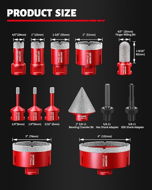 DAYDOOR Diamond Hole Saw Kit, 13-Piece Tile Hole Saw Kit 1/4" 5/16" 4/5" 1" 1-3/8" 2" 3" 4",Vacuum Brazed Core Drill Bits for Porcelain Tile, Granite, Marble, Stone(Red)