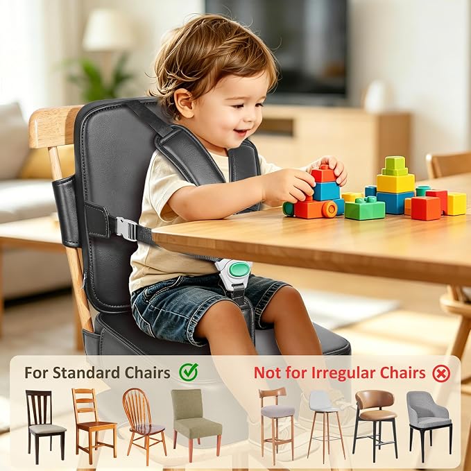 Toddler Booster Seat for Dining Table,Kitchen Chair Booster Cushion | Non-Slip Booster Seat with Backrest and 5 Piont Harness, PU Waterproof Travel Baby Booster Increasing Cushion