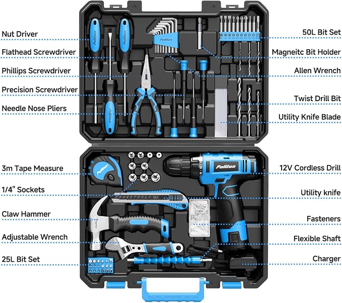PULITUO Tool Set, 149-Piece Home Drill Set with Blue 12V Cordless Drill, Tool Box, Hand Tool Kits for Women & Men and DIY Enthusiasts, for Home Improvement