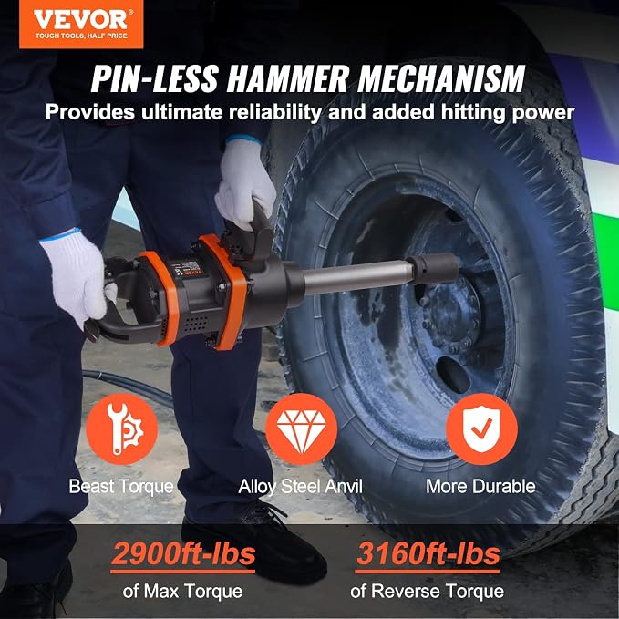 VEVOR 1 Inch Air Impact Wrench Up to 3160 ft-lbs High Reverse Torque Output | Pneumatic Impact Gun with 8 Inch Extended Anvil & Carrying Case, for Heavy Duty Repairs and Maintenance