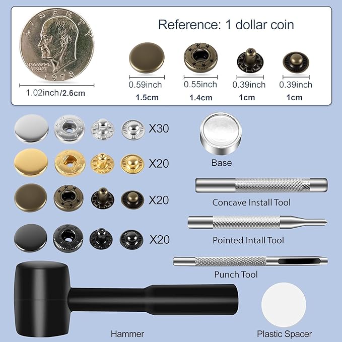 Alritz 15mm Leather Snap Button Kits with Hammer Punch Spacer, 90 Sets Metal Snaps Press Studs with 4 Setter Tools for Thin Clothes, Jackets, Jeans Wears, Bracelets, Bags