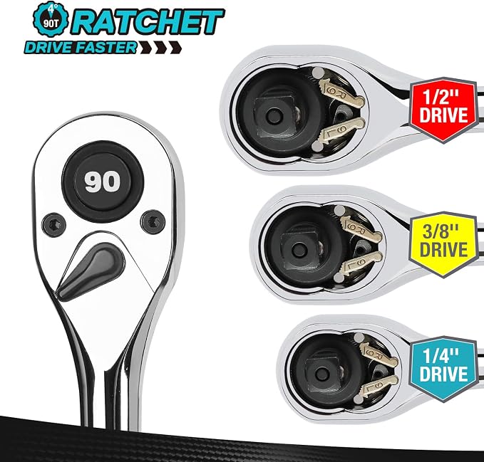 DURATECH 3-Piece Drive Ratchet, 90-Tooth Quick-Release Ratchet Wrench | 1/4", 3/8", 1/2" Socket Wrench for Men Women, Reversible, Cr-V Made, 4° Swing, Full Polished, Stocking Stuffers for Men Women