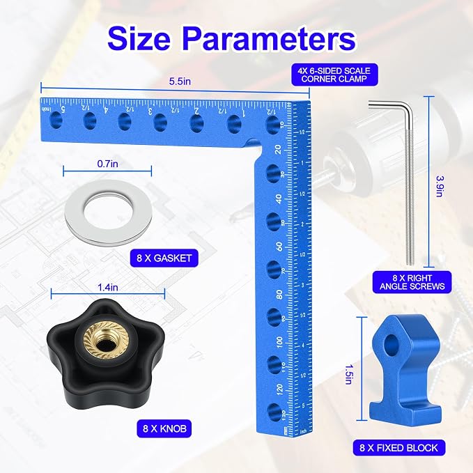 Corner Clamps for Woodworking, 5.5” 4 Pcs 90 Degree Aluminum Corner Clamp With Storage Box, Precision Dual Scale Right Angle Positioning Squares for Wood Frame, Jigs, Drawers, Cabinets.(Blue).