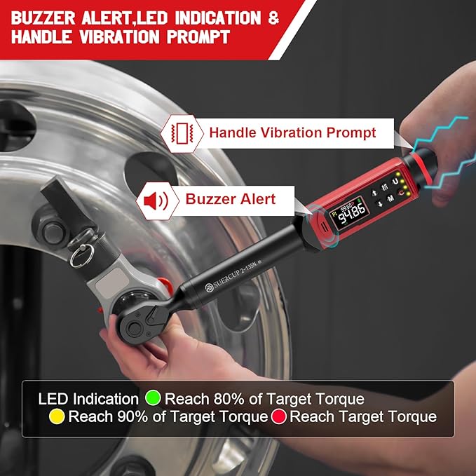 SUERCUP 3/8-inch Digital Torque Wrench(1.5-99.6Ft.Lb/2-135Nm) ±1% Accuracy Digital Torque Wrench with Vibration, Buzzer,LED Notification and Five Units of Measure, for Motorcycle, Auto Repair