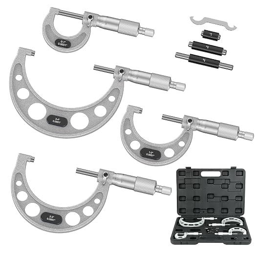 HDLNKAK High-Quality Outside Micrometer Set, 4 Pcs Machinist Tool Set(0-1'' 1-2'' 2-3'' 3-4''), 0.0001" Graduation Micrometer Set, Alloy Precision Micrometer, Micrometer Standard Set with Case - Grey