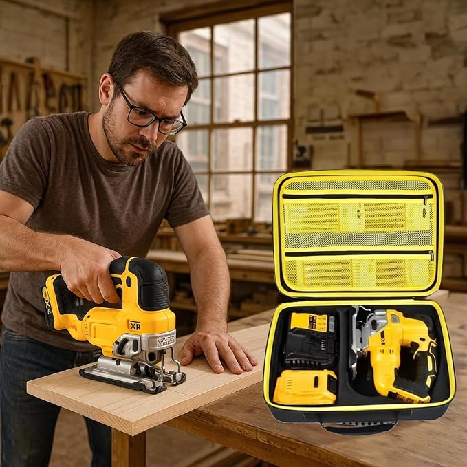 ANKHOH EVA Hard Case for DEWALT DCS334B/DCS335B Jig Saw, Yellow | Custom-fit EVA jigsaw Case with Blade, Battery and Charger Storage, Handle and Shoulder Strap, Box Only