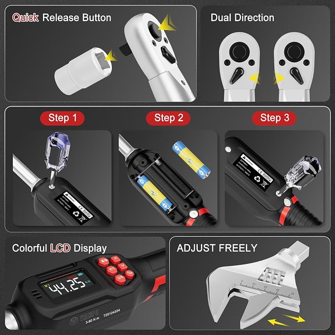 VANPO Adjustable HVAC Digital Torque Wrench, 2.2-44.3 Ft.lb/3-60Nm | 42mm Jaw & 1/2" Ratchet, 9×12mm Open End, ±2% Accuracy, Buzzer, Vibration, LED Indicator for Split AC, Motorcycle, Plumbing