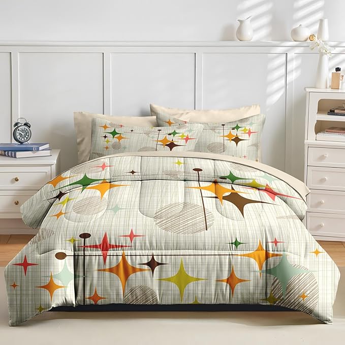 Nesker Comforter Set Queen Size, Retro Stars Brown 7 Pcs Bedding for Kids and Adults, Mid Century Vintage Bed Sheet Sets with Fitted Sheet 2 Pillowcases & 2 Shams