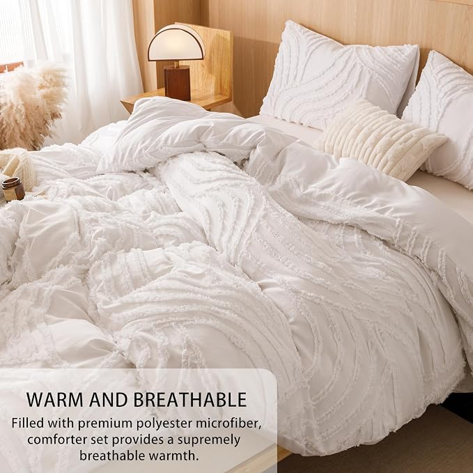 Nttopship Ivory Full Comforter Set - 7 Pieces Bed in a Bag, Premium Comforters Full Size Bed Set Tufted Shabby Chic Bedding Comforter Set with Flat Sheet, Fitted Sheet and Pillowcases,White