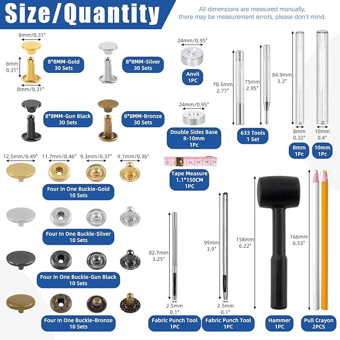 Glarks 160 Sets 2 Styles Leather Snap Fasteners Kit Including 12.5mm Metal Snap Buttons and 8 x 8mm Leather Rivets with 11Pcs Punch Hammer Setting Tools, Grease Pencils and Tape Measure