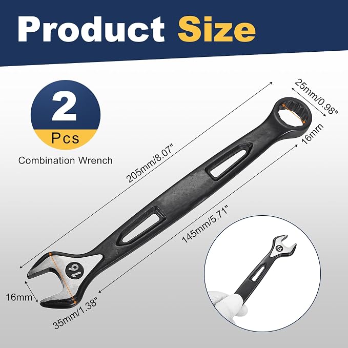 HARFINGTON 2pcs Combination Wrench 16mm Metric Extra Long 12-Point Box and Open End Carbon Steel Double Ended Industrial Grade Spanner for Automotive Furniture Machinery DIY Repair, Black