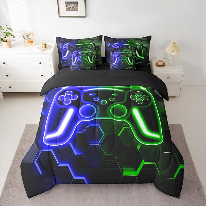 Erosebridal Gamer Comforter Set 7 Piece Bed in a Bag Twin, Neon Honeycomb Gaming Bedding Sets Video Game Console Comforter and Sheet Set, Blue Green Hexagon Lights Room Decor,Kids Room Decor