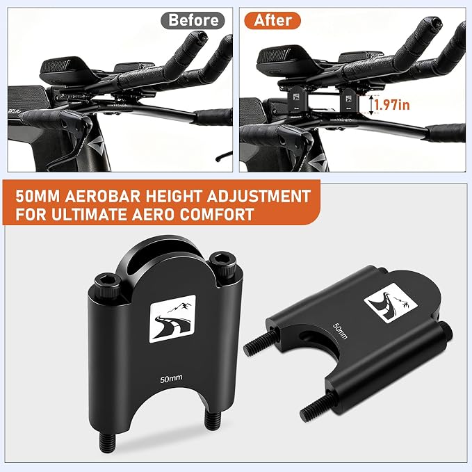 50mm Aluminum Aerobar Riser Kit, Clip On Aero Bars Armrest Handlebar Spacers for Road Bike Triathlon and Time Trial, Compatible with Profile Design 31.8mm Clamp, with M5 & M6 Mount Bolts