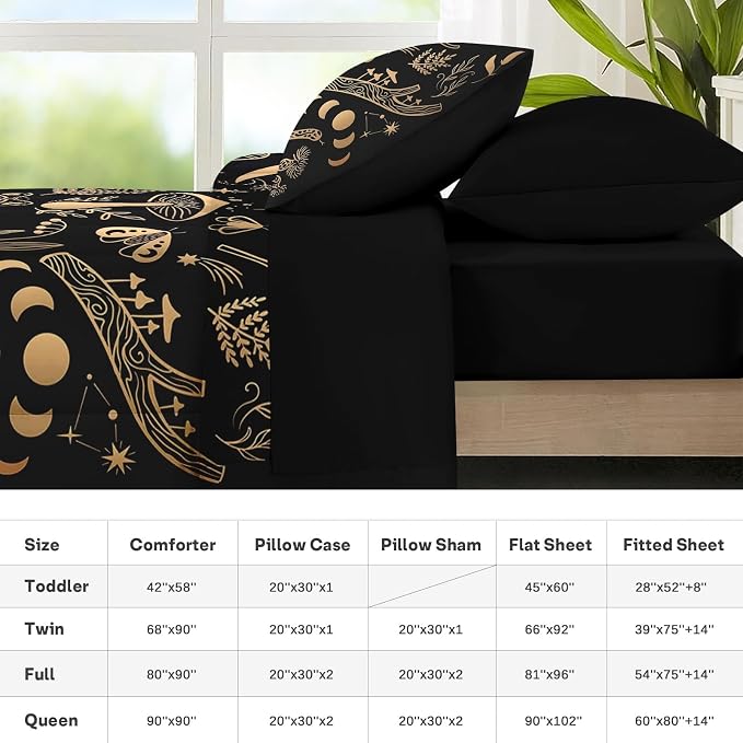 Nesker Comforter Set Twin Size, Golden Mushroom Moon 5 Pcs Bedding for Kids and Adults, Moth Vintage Gold Bed Sheet Sets with Fitted Sheet Pillowcase & Sham